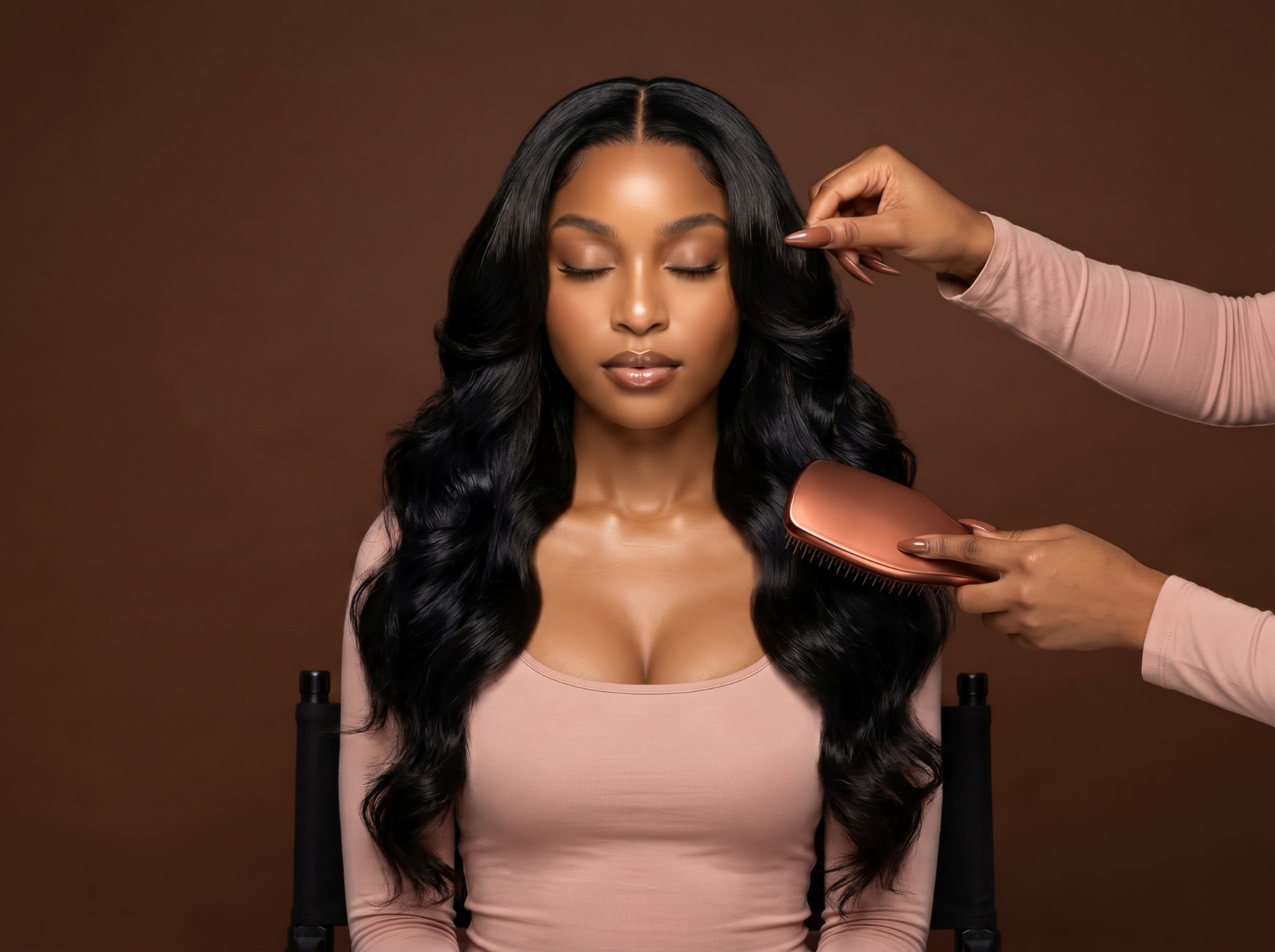 Woman having her long black wig styled